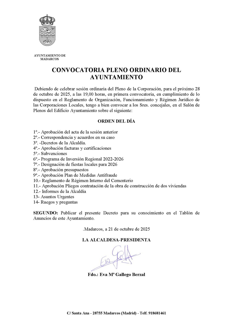 CONVOCATORIA PLENO 28 OCTUBRE 2025