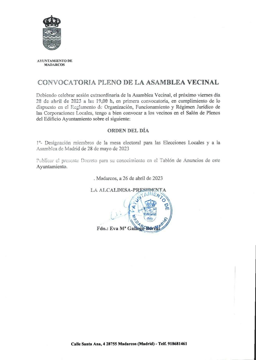 CONVOCATORIA PLENO ASAMBLEA VECINAL 28042023