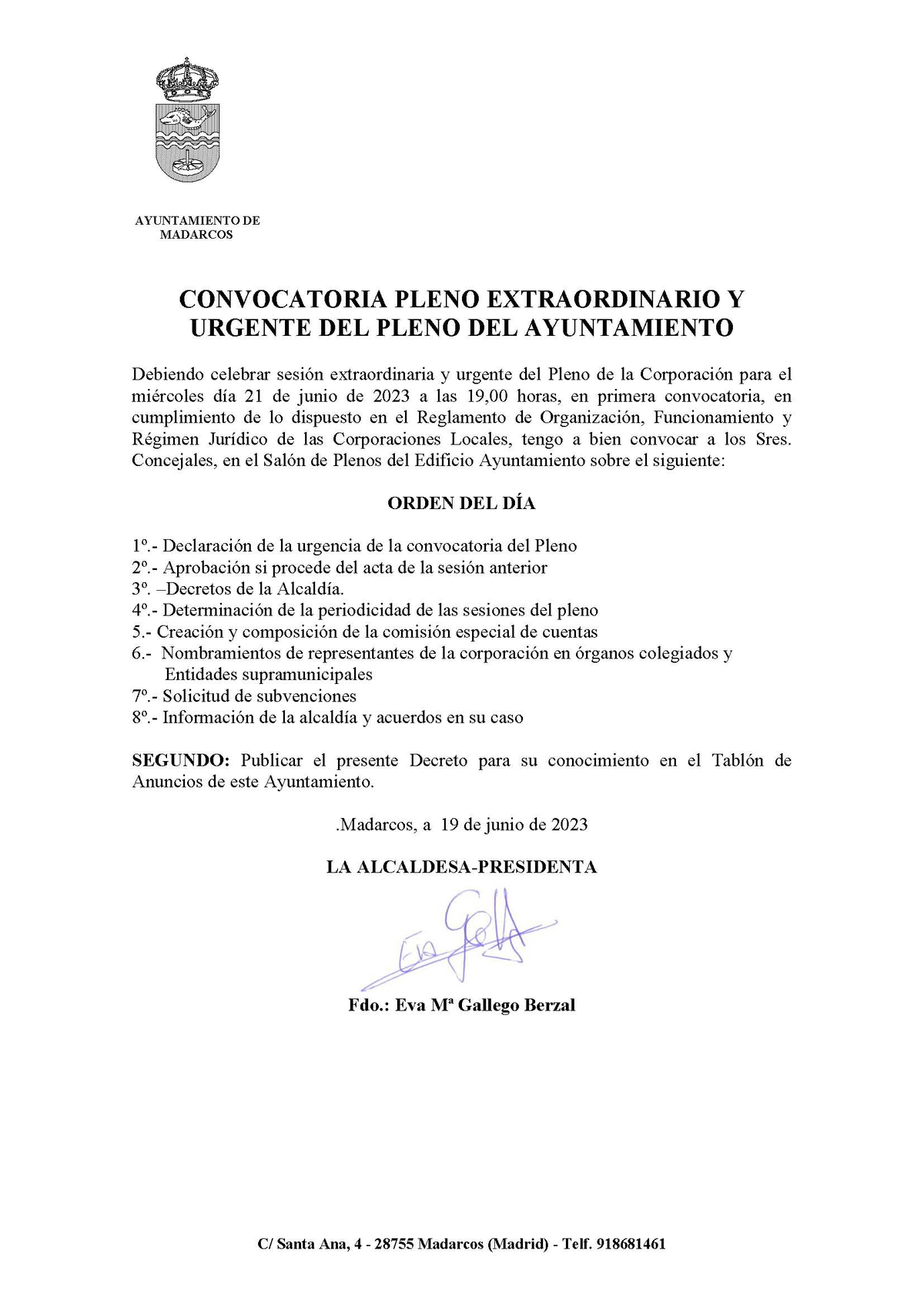 CONVOCATORIA PLENO EXTRAORDINARIO 21 JUNIO 2023