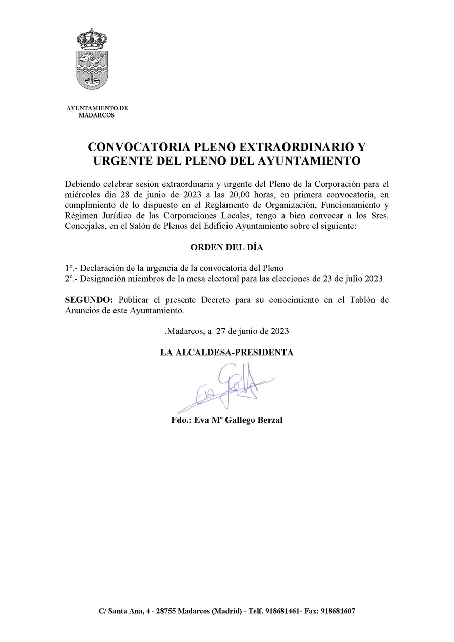 CONVOCATORIA PLENO EXTRAORDINARIO Y URGENTE 28 JUNIO 2023